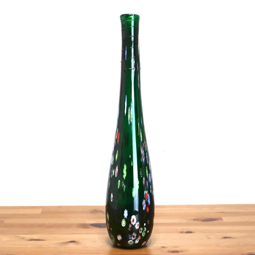 Murano Style Art Glass Vase Large 19.5" Green Millefiori Spiral Bud Floral Decor